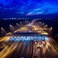 Aerial drone view on motorway with toll collection point