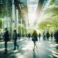 Sustainability in business center concept, business people crowd walking at corporate office in green city downtown, Abstract motion blur image, blurred background, Generative AI