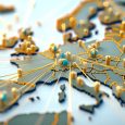 3D illustrated map focusing on Europe with connected lines and pins symbolizing global networking, communication, or trade routes.