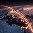 Stunning Aerial View of Europe with Digital Connections and Network Lines Illuminating the Night Landscape