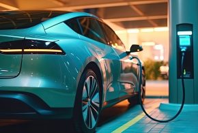 Power supply connected to electric vehicle charge battery. EV charging station for electric car or Plug-in hybrid car. Automotive innovation and technology concepts. Generative Ai